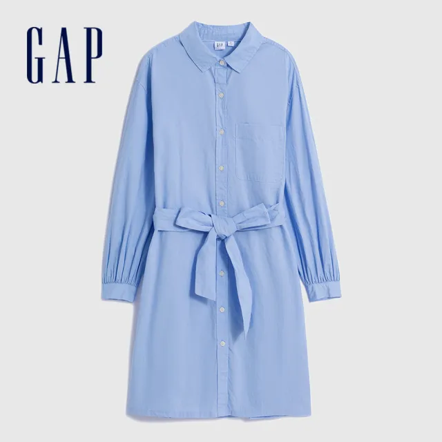 【GAP】女裝 純棉翻領長袖洋裝-藍色(734152)