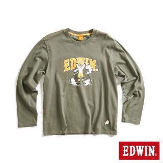 【EDWIN】男裝 橘標 假面摔角手E君印花長袖T恤(灰綠色)