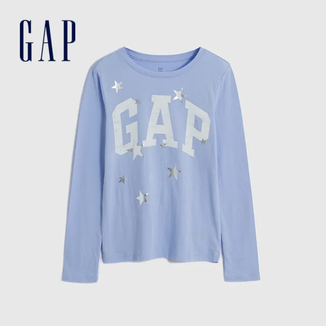 【GAP】女童裝 Logo/印花純棉圓領長袖T恤-藍色水晶(788250)