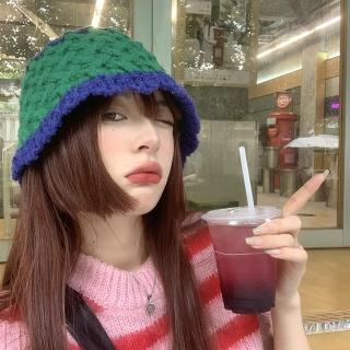 【VEDINA】極致舒適時尚多用途毛絨針織毛線帽 仿羊毛觸感雙色毛帽 毛茸茸針織帽 漁夫帽(藍綠色)