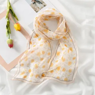 【VEDINA】100%頂級桑蠶絲真絲雪紡典雅浪漫絕美設計彩繪多彩絲巾披肩綢緞脖圍圍巾(粉橘色)