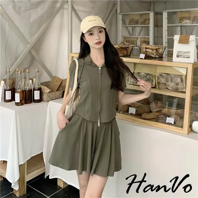【HanVo】現貨 舒適滑順運動連帽休閒套裝(透氣質感拉鍊寬鬆短袖套裝 日常韓系女裝 女生衣著 A08-5972)