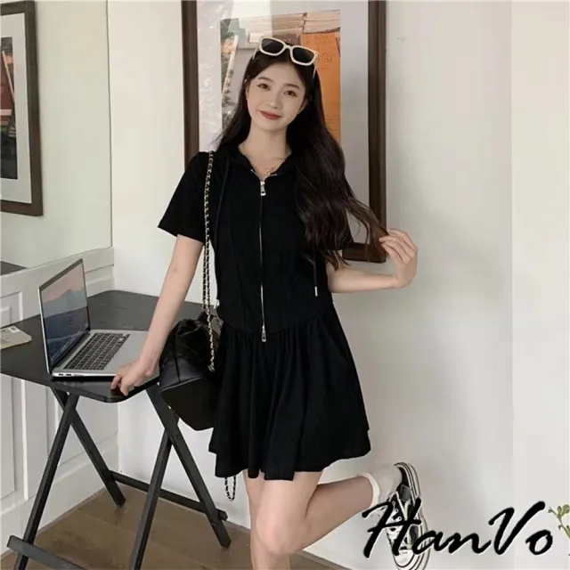 【HanVo】現貨 舒適滑順運動連帽休閒套裝(透氣質感拉鍊寬鬆短袖套裝 日常韓系女裝 女生衣著 A08-5972)