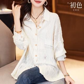 【初色】翻領寬鬆鏤空蕾絲襯衫長袖上衣-共2色-30540(M-2XL可選)