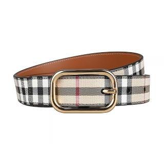 【BURBERRY 巴寶莉】格紋塗層帆布拼接皮革女士腰帶30mm(經典米x金)