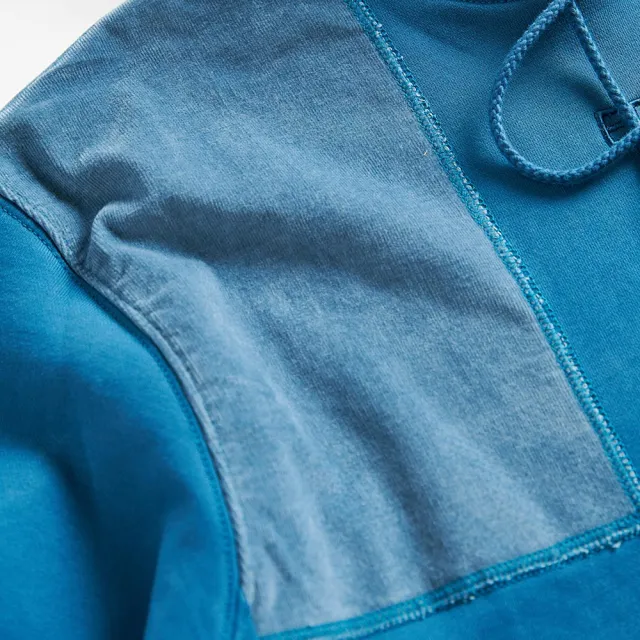 【EDWIN】男裝 再生系列 CORE 拼布寬版連帽長袖T恤(土耳其藍)