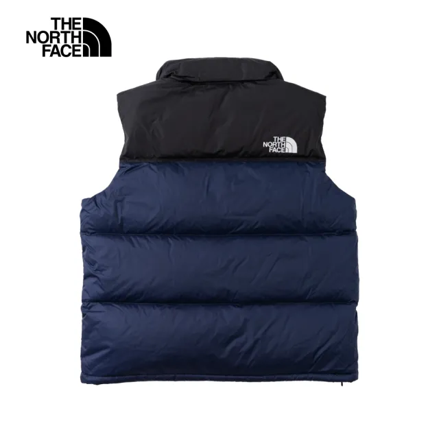 【The North Face 官方旗艦】經典ICON-北面男款藍黑拼接防潑水舒適保暖可收納連帽羽絨背心｜3JQQ92A