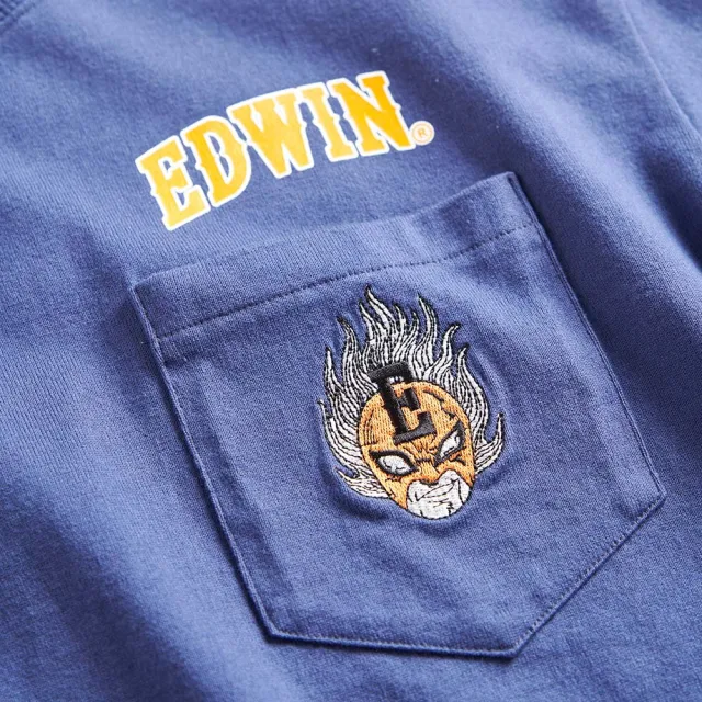 【EDWIN】男裝 橘標 摔角手E君面具口袋長袖T恤(灰藍色)