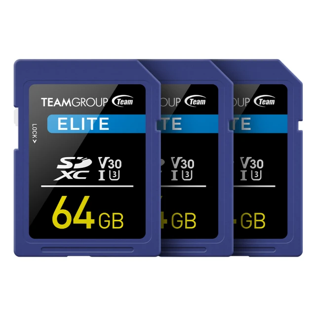 TEAM 十銓 3入組- Elite SDXC 64GB UHS-I U3 V30 4K 記憶卡(支援4K UHD攝錄影+終身保固)