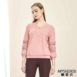 【MYSHEROS 蜜雪兒】含棉素色上衣 鑽飾V領 蕾絲拼接袖(粉)