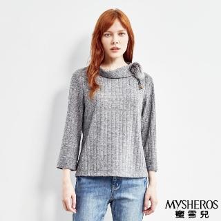 【MYSHEROS 蜜雪兒】造型上衣 翻領 毛球裝飾 素色 彈性(灰)