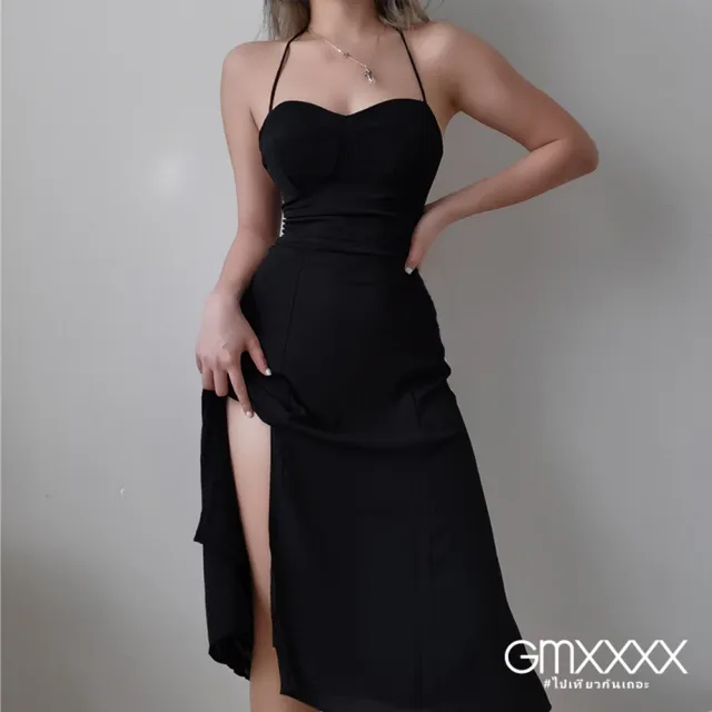 【Gmxxxx】法式純黑雪紡顯瘦綁帶長洋裝