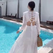 【Gmxxxx】法式白色系雪紡層次感綁帶露背長洋裝(白色洋裝 雪紡洋裝)