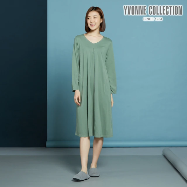 YVONNE 以旺傢飾YVONNE 以旺傢飾 暖薑纖維 素面長袖洋裝(高地綠)