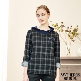 【MYSHEROS 蜜雪兒】棉質上衣 抽繩連帽 拚接格紋(藍)