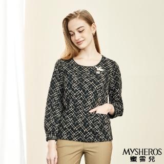 【MYSHEROS 蜜雪兒】圓領上衣 領口裝飾 幾何口袋造型(黑)