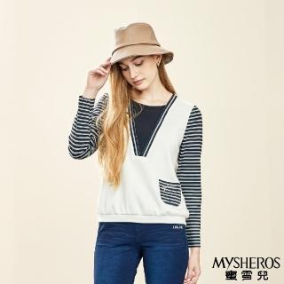 【MYSHEROS 蜜雪兒】圓領上衣 假兩件設計 拼接 含金蔥(米)