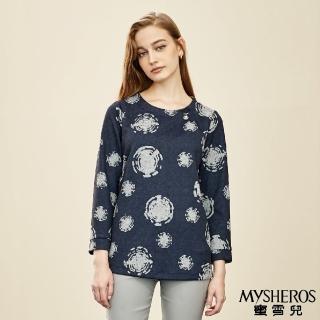 【MYSHEROS 蜜雪兒】圓領上衣 珍珠飾品 圓圈印花 中長版(藍)