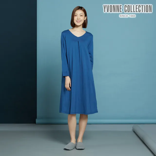 【YVONNE 以旺傢飾】暖薑纖維 素面長袖洋裝(深海藍)