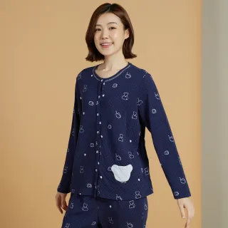 【YVONNE 以旺傢飾】午茶熊提花開襟長袖上衣(深丈青)