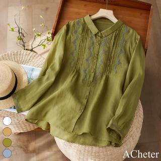 【ACheter】刺繡蘆麻感襯衫文藝復古棉麻感上衣寬鬆休閒短版#119371(白/黃/綠/藍)