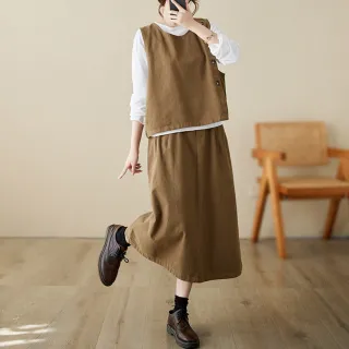 【ACheter】復古圓領背心休閒棉無袖馬夾上衣顯瘦高腰A字半身裙兩件式套裝#119313(黑/卡其/咖)