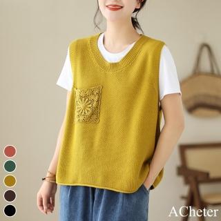 【ACheter】圓領針織蕾絲拼接口袋背心短版寬鬆罩衫上衣#119312(5色)
