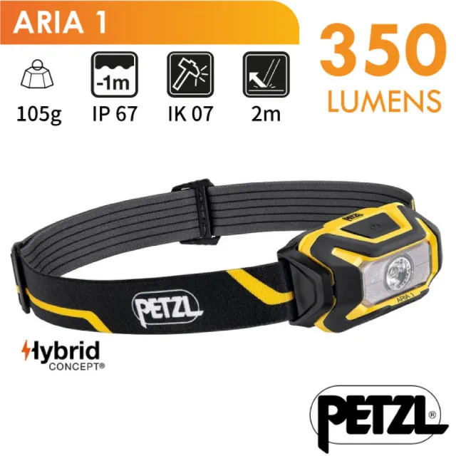 【法國 Petzl】ARIA 1 超輕量頭燈350流明.IPX67防水.LED頭燈.電子燈(E069AA00 黑黃)