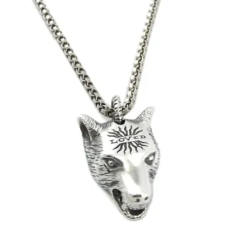 【GUCCI 古馳】925復古純銀-ANGER FOREST 限量款-大狼頭墜飾男用項鍊(展示品)