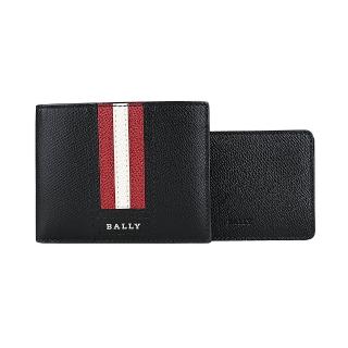 【BALLY】Tydan系列銀字LOGO紅白條紋荔枝紋牛皮6卡對折短夾(黑)