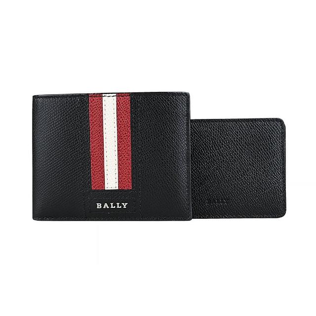 【BALLY】Tydan系列銀字LOGO紅白條紋荔枝紋牛皮6卡對折短夾(黑)