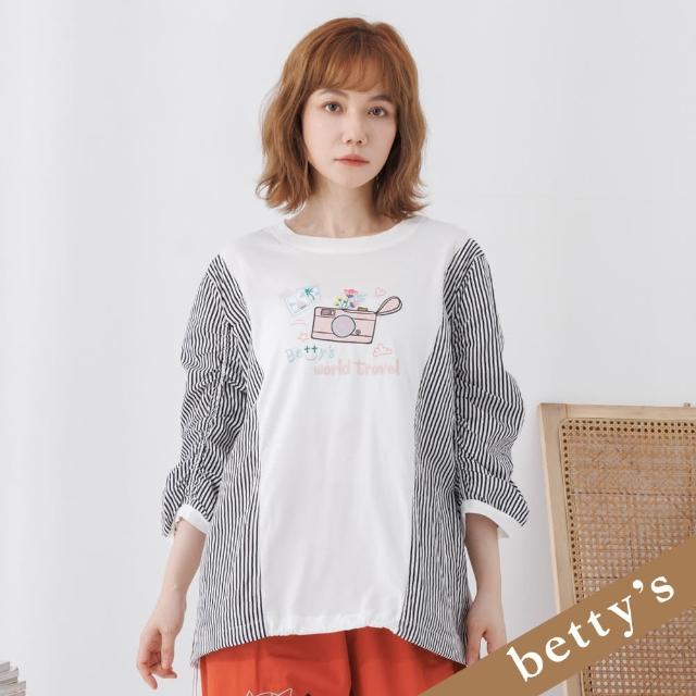 【betty’s 貝蒂思】條紋拼接下擺抽繩七分袖T-shirt(白色)