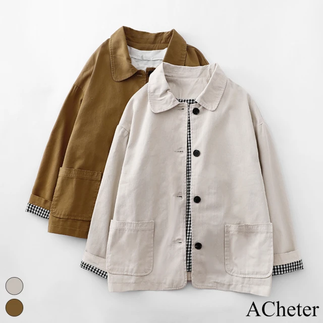 【ACheter】純色棉質短款外套顯瘦單排扣文藝反摺格長袖短版#119326(米白/卡其)