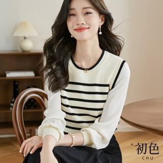 【初色】寬鬆拼接假兩件長袖條紋圓領針織襯衫女上衣-米白色-30219(F可選)