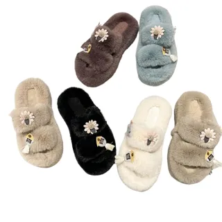【JP Queen New York】花漾毛毛雙條厚底加絨居家拖鞋(6色可選)
