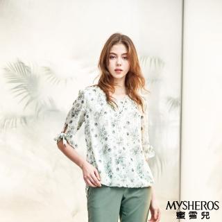 【MYSHEROS 蜜雪兒】V領上衣 假兩件 珠飾袖 綁結 前短後長(淺綠)