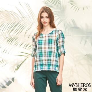 【MYSHEROS 蜜雪兒】純棉上衣 附飾品 圓領 格紋 顯瘦修身(綠)