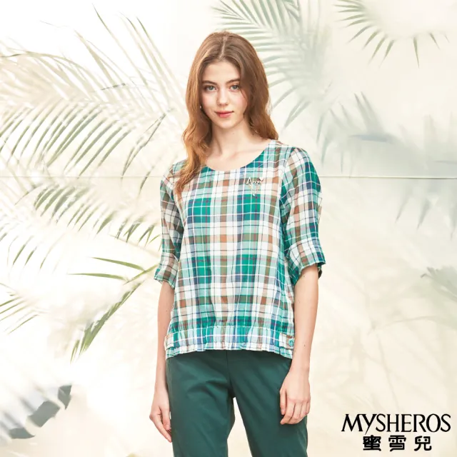 【MYSHEROS 蜜雪兒】純棉上衣 附飾品 圓領 格紋 顯瘦修身(綠)