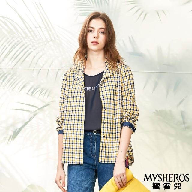 【MYSHEROS 蜜雪兒】棉質襯衫上衣 翻領 格紋 牛仔拼接 兩穿(黃)