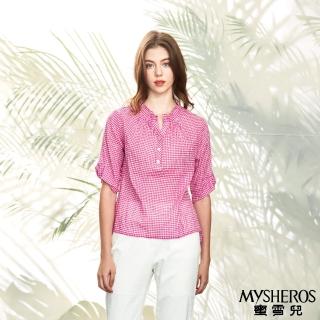 【MYSHEROS 蜜雪兒】高含棉上衣 花邊領 半排釦 細格紋 荷葉袖(桃)