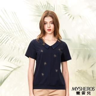 【MYSHEROS 蜜雪兒】絲光棉上衣 小V翻領 鑽飾造型(深藍)