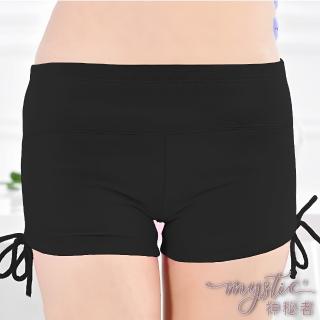 【mystic 神秘者】中大尺碼 中高腰抓皺側拉繩平口短褲女泳褲(黑色 M-3XL)