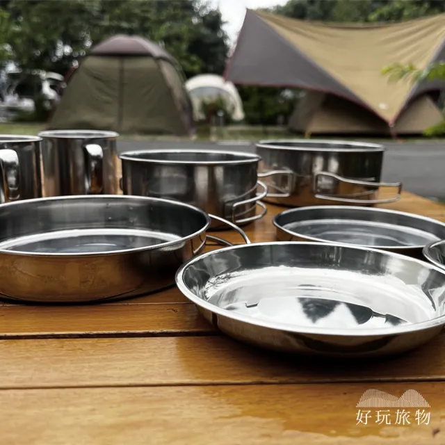 【好玩旅物】戶外露營野炊304不鏽鋼折疊收納圓形碗盤餐具8件套(附收納袋｜登山野營不銹鋼鍋盤鍋碗組)