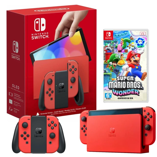 Nintendo 任天堂Nintendo 任天堂 預購10/20上市Switch OLED瑪利歐亮麗紅特仕主機+超級瑪利歐兄弟驚奇(周邊全配組)