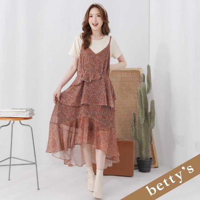 【betty’s 貝蒂思】兩件式細肩帶蛋糕碎花洋裝(深橘色)