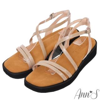 【Ann’S】水洗牛皮-3.5cm小心機厚底！「羊漆皮真皮交叉細帶」方頭涼鞋(杏)