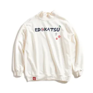 【EDWIN】江戶勝 女裝 經典和柄花紋刺繡貼布高領厚長袖T恤(淺卡其)