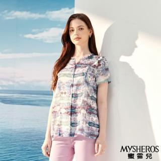 【MYSHEROS 蜜雪兒】襯衫上衣 花邊小V領排釦 繽紛滿版印花 鑽邊排釦(灰藍)