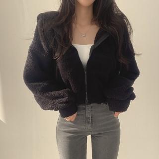 【D.studio】韓版顯瘦加厚保暖短版連帽外套(毛毛外套 上衣 女裝 衣服 外套 長袖上衣 毛衣 J180)