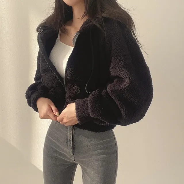 【D.studio】韓版顯瘦加厚保暖短版連帽外套(毛毛外套 上衣 女裝 衣服 外套 長袖上衣 毛衣 J180)